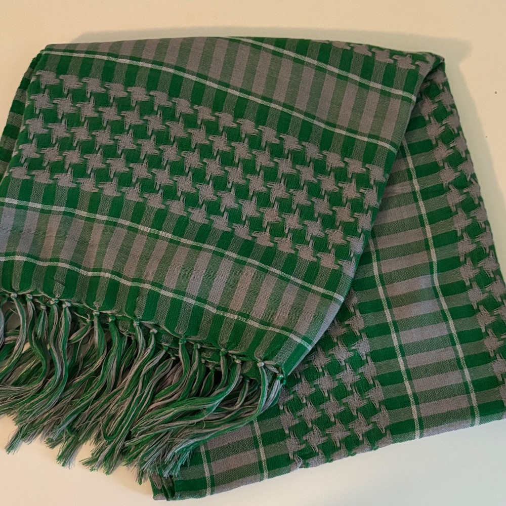 Green and grey plaid checked lightweight scarf